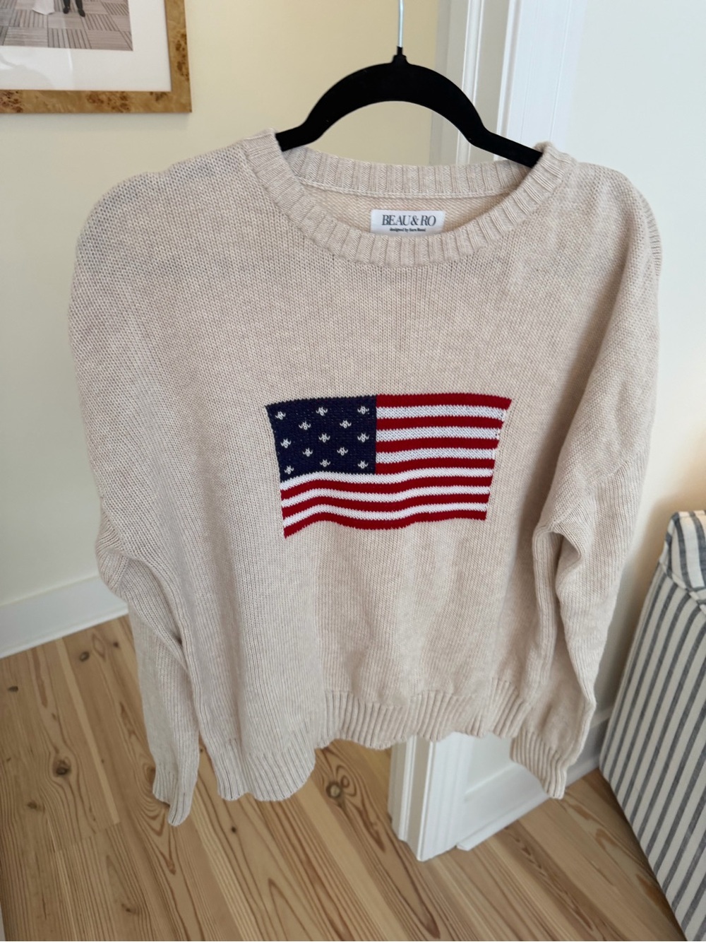 Beau & Ro Women's Cream Knit Sweater with American Flag size M